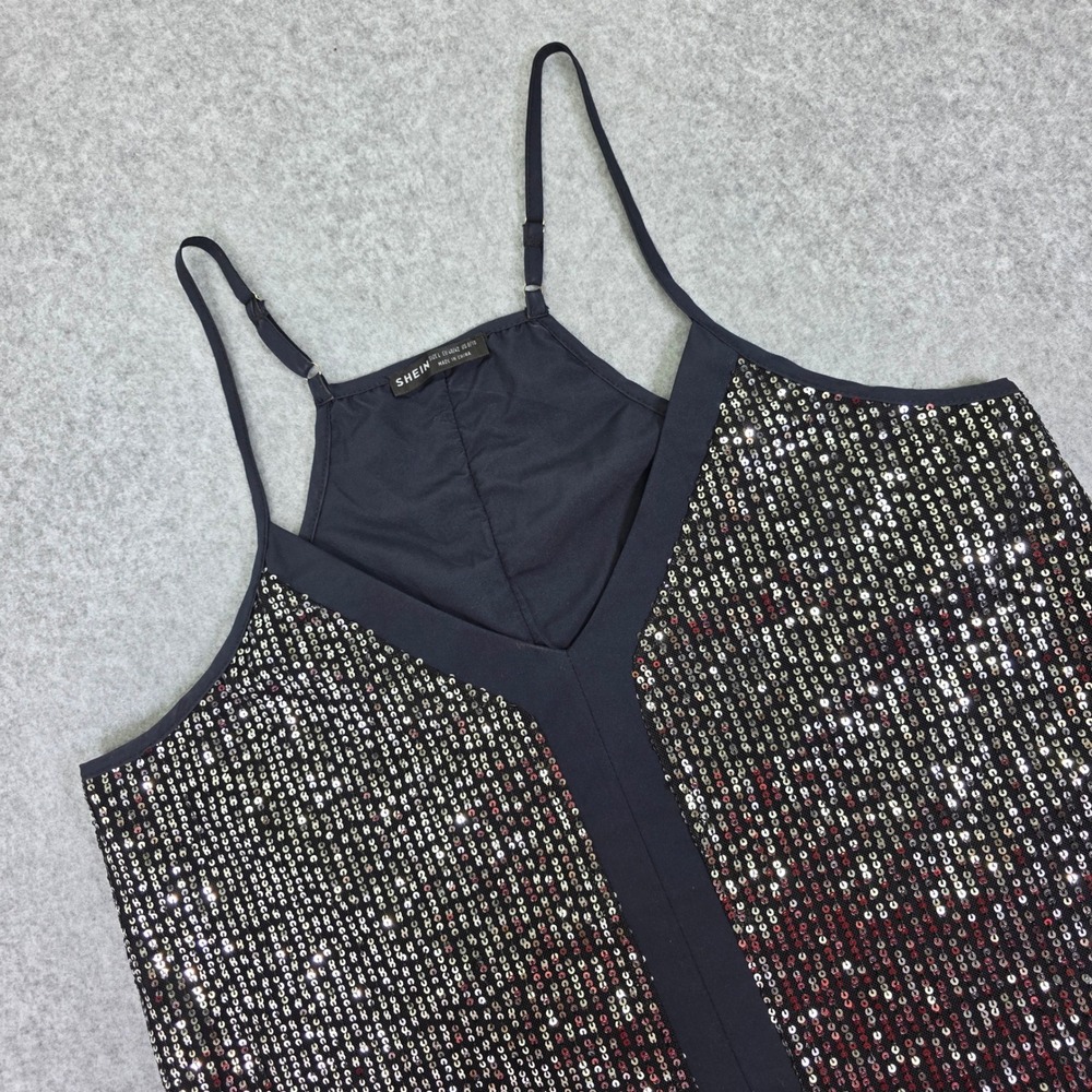 SHEIN Women's Large Sequin V-Neck Camisole Top Black Silver Adjustable Straps